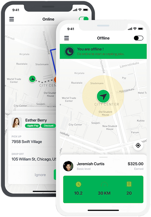 SWVL clone app interface showing bus and car booking options with route schedules
