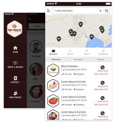 Yelp clone app interface displaying reviews, ratings, and business details