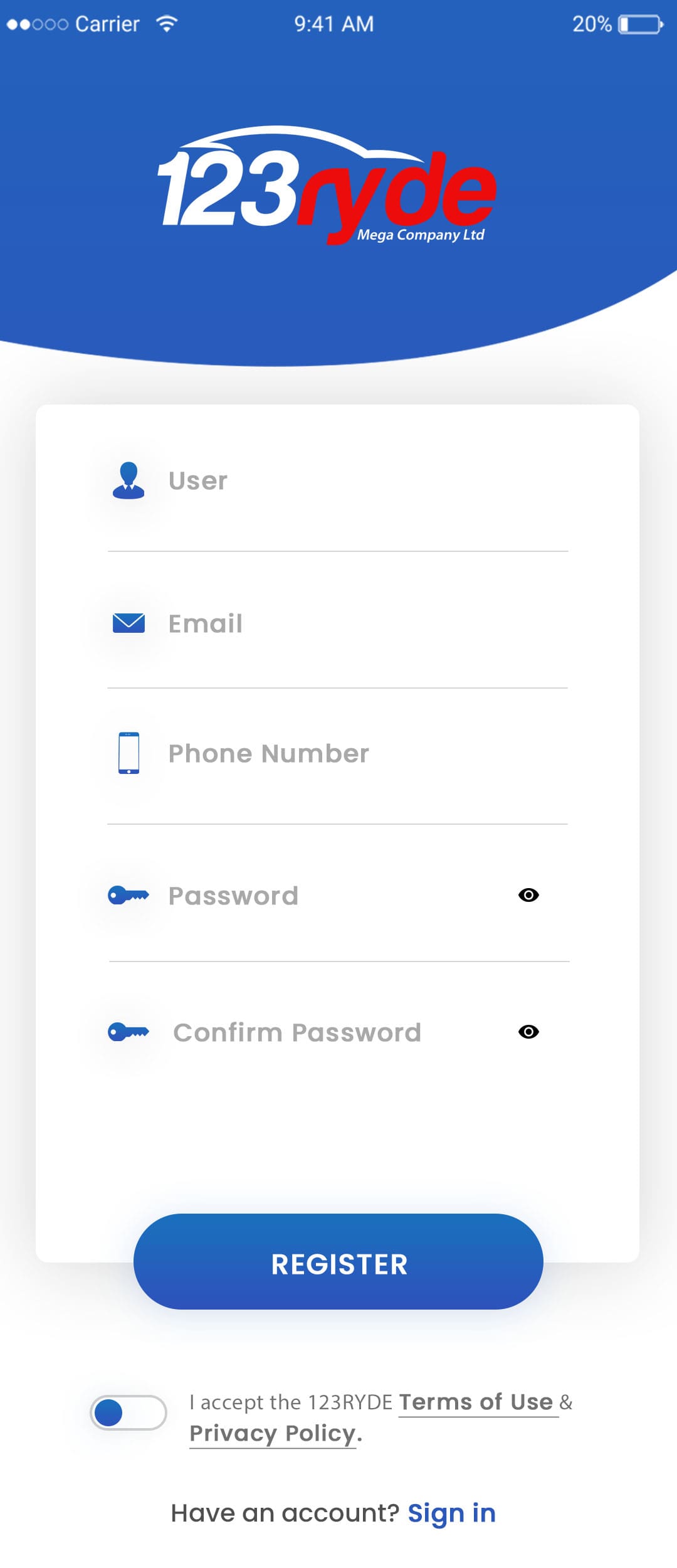 Login screen for bike & scooter app